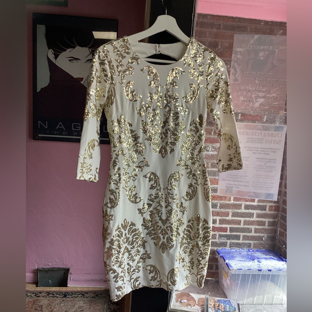 B Darlin Gold and White Long Sleeve Dress